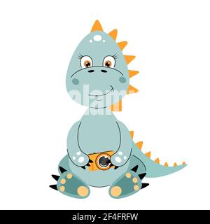 Dinosaure mignon assis avec un appareil photo dans les mains. Illustration de Vecteur