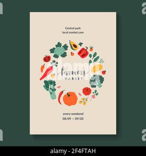 Modèle d'affiche de cadre de marché agricole, bannière vectorielle avec espace de copie, conception avec illustrations de légumes, bannière avec salon alimentaire local Illustration de Vecteur
