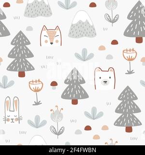 Motif sans couture avec de jolis animaux de la forêt, des fleurs et des arbres. Imprimé puéril pour bébé dans un style scandinave Illustration de Vecteur