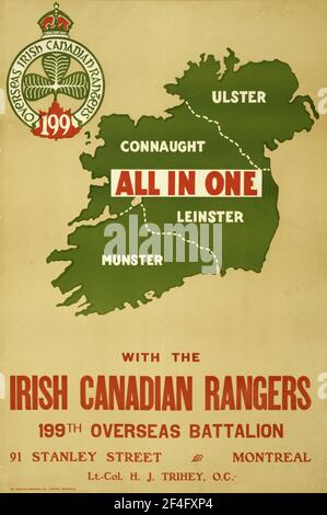 Une affiche américaine de recrutement de la première guerre mondiale pour les Irlandais Rangers canadiens 119e Bataillon outre-mer Banque D'Images