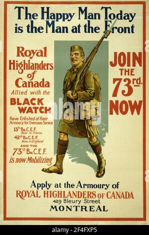 Une affiche de recrutement canadienne pour la première guerre mondiale pour le Royal Highlanders du Canada Banque D'Images