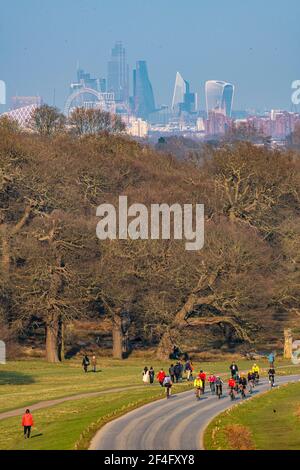 Vélo dans le parc Richmond avec une toile de fond de la ville De Londres Banque D'Images