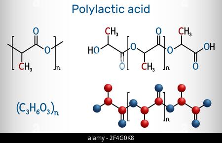 Acide polylactique, polylactide, molécule de PLA. Il est en polymère, bioplastique, polyester thermoplastique. Formule chimique structurelle et modèle moléculaire. Vecteur Illustration de Vecteur