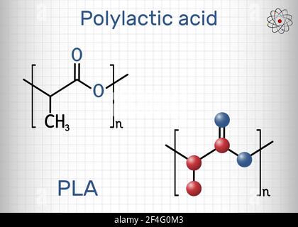 Acide polylactique, polylactide, molécule de PLA. Il est en polymère, bioplastique, polyester thermoplastique. Formule chimique structurelle et modèle moléculaire. Vecteur Illustration de Vecteur