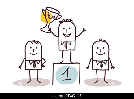 Dessin à la main Cartoon Business hommes, le gagnant un le podium Illustration de Vecteur