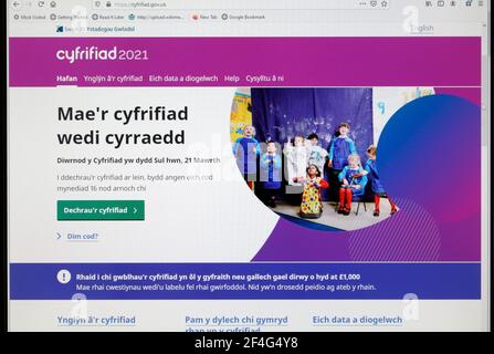 21 mars 2021, UK Census online return, langue galloise page de connexion Cymraeg capture d'écran, site du gouvernement Banque D'Images