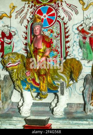 Portrait d'une sculpture colorée représentant une figure bouddhiste, en montant sur le dos d'un tigre ou d'un lion partiellement doré, avec un mur peint de couleurs vives en arrière-plan, Temple Baoguang, Xindu, Sichuan, Chine, 1917. De la collection de photographies Sidney D. Gamble. () Banque D'Images