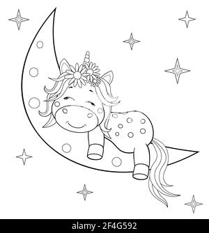 Une petite licorne avec une manie et une queue dort sur la lune. Esquisser dans les contours pour la coloration. Illustration de Vecteur