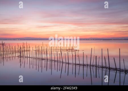 Filets de pêche sur le lac la Albufera, Valence, Espagne, au coucher du soleil. Banque D'Images