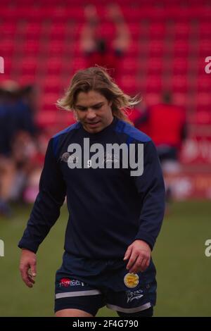 Salford, Angleterre, le 21 mars 2021. FAF de Klerk, Scrum Half for sale Sharks, lors du match de pré-match, réchauffez-vous avant leur match Gallagher Premiership contre London Irish au STADE A J Bell. Credit: Colin Edwards / Alamy Live News Banque D'Images