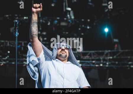 ITALIE, FIRENZE 2017: B-Real, rappeur/chanteur du super groupe américain de rap/rock prophètes de rage (composé de membres de rage contre la machine, Cypress Hill et public Enemy), en direct sur scène. Banque D'Images