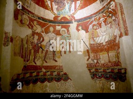 Martyre de Thomas Becket (1170) niveau central de la fresque, détail. xiie- xiiie siècles. Église Sainte-Marie de Terrassa. Catalogne, Espagne. Banque D'Images