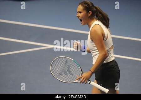 Saint-Pétersbourg, Russie. 21 mars 2021. Daria Kasatkina, de Russie, réagit lors du match final du tournoi de tennis 2021 du Trophée des dames de Saint-Pétersbourg contre Margarita Gasparyan, de Russie, à Sibur Arena. Crédit : SOPA Images Limited/Alamy Live News Banque D'Images