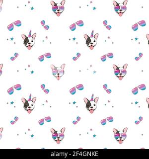 Motif vectoriel sans couture avec chien de taureau français, corne d'or, licorne colorée et lunettes arc-en-ciel sur fond blanc. Texture pour les articles de bébé, ou pour une fête et ainsi de suite. Illustration de Vecteur