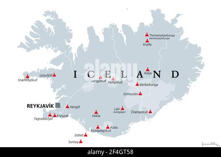 Volcans d'Islande qui ont éclaté depuis la colonisation humaine, carte politique. Dix-huit volcans représentés sur la carte grise de l'Islande, avec des glaciers et des régions. Banque D'Images