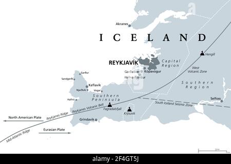 Géologie de la région de la capitale et de la péninsule sud de l'Islande, carte politique grise. Reykjavik et ses environs, avec la péninsule de Reykjanes. Banque D'Images