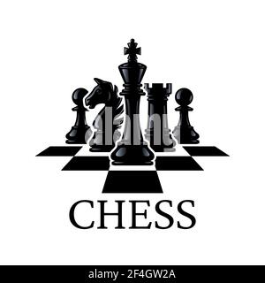 Illustration vectorielle pièces d'échecs. Pièces d'échecs : roi, chevalier, cook, pions sur un échiquier. Silhouettes de pièces d'échecs. Isolé sur un fond blanc Illustration de Vecteur