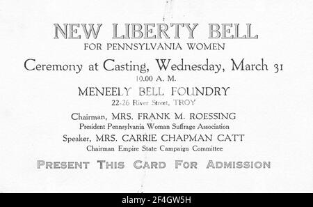 Un billet pour le casting de cérémonie de la Justice Bell ou de la New Liberty Bell, une réplique de la Liberty Bell commandée par des suffrageurs de Pennsylvanie et utilisée pour des campagnes de 1915-1920, Meneely Bell Foundry, Troy, New York, mars 31, 1915. () Banque D'Images