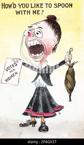 Carte postale anti-suffrage, représentant des suffragistes comme peu attrayants et innubile, avec une caricature d'une femme mûre criant et en branlant un dépliant « votes pour les femmes », intitulée « Comment aimeriez-vous Spoon avec moi ? », 1905. Photographie par Emilia van Beugen. () Banque D'Images