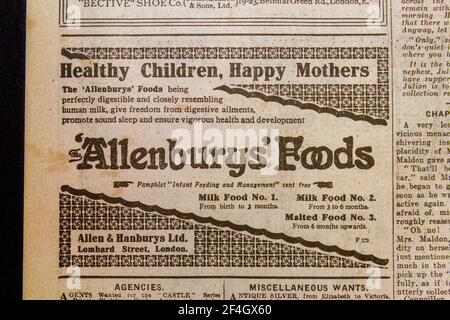 Publicité pour Allenburys Foods (Allen & Hanburys Ltd.) dans le journal Daily News & Reader du 5 août 1914. Banque D'Images