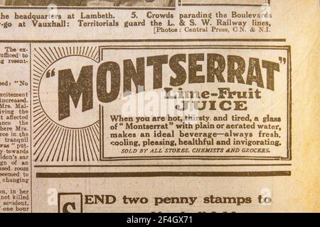 Publicité pour le jus de citron de Montserrat dans le Daily News & Reader du 5 août 1914. Banque D'Images