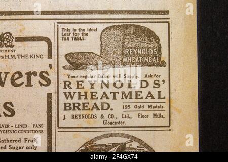 Publicité pour le pain Wheatmeal de Reynolds dans le journal Daily News & Reader du 5 août 1914. Banque D'Images