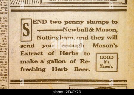 Publicité pour Mason's Extract of Herb Beer dans le Daily News & Reader du 5 août 1914. Banque D'Images