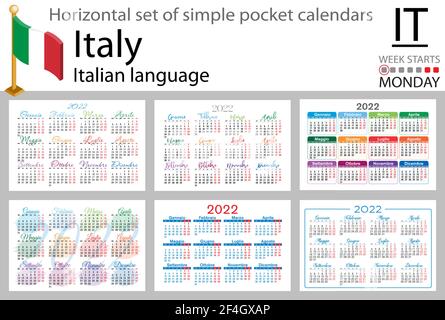 Ensemble horizontal italien de calendriers de poche pour 2022 (deux mille vingt deux). La semaine commence le lundi. Nouvelle année. Couleur conception simple. Vecteur Illustration de Vecteur