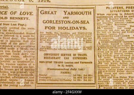 Publicité pour des vacances à Great Yarmouth et Gorleston-on-Sea dans le Daily News & Reader du 5 août 1914. Banque D'Images