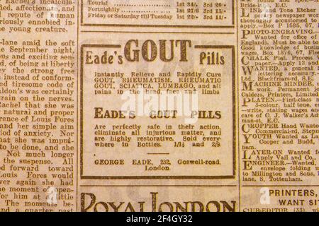 Publicité pour les pastilles de goutte d'Eade dans le journal Daily News & Reader du 5 août 1914. Banque D'Images