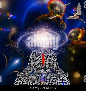 Homme avec le modèle de labyrinthe médite dans la pose de lotus. Les anges offrent des conseils spirituels. La main de Dieu tient la galaxie. Surréalisme. Banque D'Images