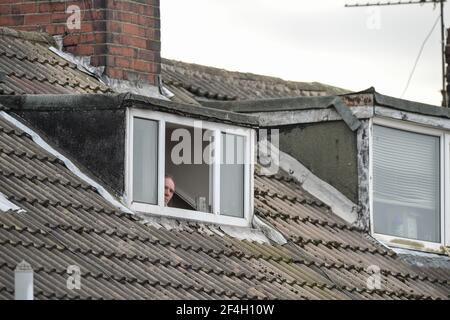 Featherstone, Angleterre - 21 mars 2021 - Man watches Rugby League Betfred Challenge Cup Round 1 match entre Featherstone Rovers vs Bradford Bulls au Millenium Stadium, Featherstone, Royaume-Uni Dean Williams/Alay Live News Banque D'Images