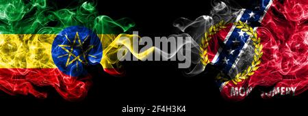 Éthiopie, Éthiopie contre États-Unis d'Amérique, Amérique, États-Unis, États-Unis, États-Unis, Montgomery, Alabama, drapeaux mystiques fumés placés côte à côte. Couleur épaisse Banque D'Images