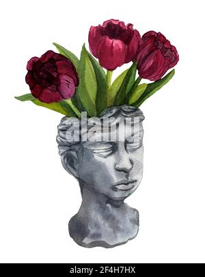 Vase en gypse aquarelle dessiné à la main en forme de tête de fille avec fleurs. Tulipes en bouquet dans un pot antique décoratif isolé sur fond blanc. Pot. D'art. Banque D'Images