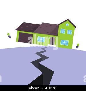 Illustration vectorielle de style plat du concept d'assurance de maison de tremblement de terre. Maison sautant du tremblement de terre et de la terre avec les fissures. Accident de catastrophe naturelle Illustration de Vecteur