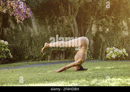 Vue latérale de la femme flexible heureuse dans les vêtements de sport de démonstration Adho Mukha Vrkssasana pose avec les jambes fléchis tout en pratiquant le yoga sur le tapis et en regardant un Banque D'Images