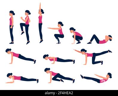 Ensemble d'illustrations d'exercice de poids corporel de femme de dessin animé. Entraînement physique pour abs, cardio, HIIT. Clip art vectoriel isolé Illustration de Vecteur