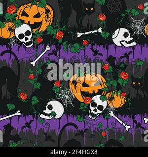 Motif vectoriel sans couture avec citrouilles et chats noirs sur fond gris. Papier peint style cimetière gothique Halloween avec roses rouges. Illustration de Vecteur