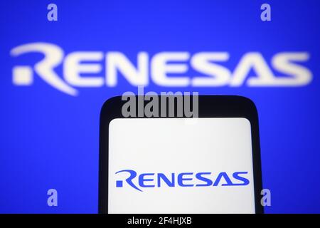 Ukraine. 21 mars 2021. Dans cette illustration, le logo Renesas d'une société japonaise de fabrication de semi-conducteurs électroniques Renesas Electronics Corporation est visible sur un écran de smartphone. Credit: Pavlo Gonchar/SOPA Images/ZUMA Wire/Alay Live News Banque D'Images