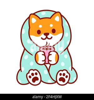 Joli chien de dessin animé avec couverture et tasse de thé chaud. Kawaii Shiba Inu chiot dans une couverture chaude et confortable. Illustration de clip art vectoriel isolée. Illustration de Vecteur