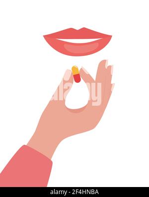 La bouche et la main de la femme avec une pilule. Femme prenant une pilule. Fille tient une pilule dans sa main et a l'intention de la prendre. Traitement médicamenteux, pharmacie et medi Illustration de Vecteur