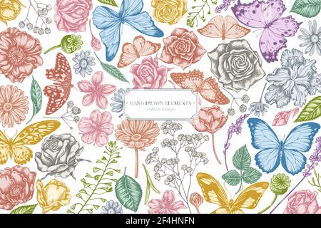 Motif fleuri avec sac à main en berger pastel, bruyère, iris japonica, sakura, gitsophila, camomille, amande, fleur de pavot, calendula, bleu menelaus Illustration de Vecteur