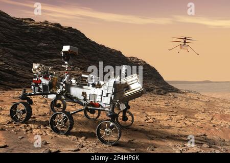 Mars Rover la persévérance a atterri et l'ingéniosité drone .éléments de cela Image fournie par l'illustration 3D de la NASA Banque D'Images