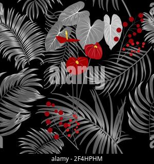 Motif vectoriel tropical sans couture avec feuilles de palmier et fleurs. Fond noir botanique, papier peint jungle. Illustration de Vecteur
