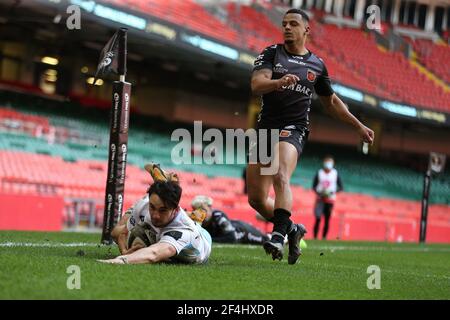 Cardiff, Royaume-Uni. 21 mars 2021. Rufus McLean de Glasgow Warriors marque ses équipes 2ème tentative. Guinness Pro14 Rugby, Dragons v Glasgow Warriors au stade de la Principauté à Cardiff le dimanche 21 mars 2021. photo par Andrew Orchard/Andrew Orchard sports Photography/Alay Live News crédit: Andrew Orchard sports Photography/Alay Live News Banque D'Images