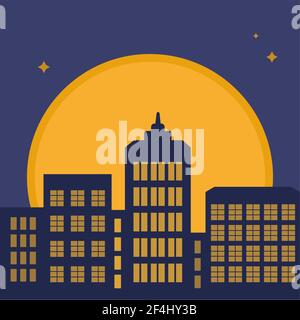 .ville de nuit. Grands bâtiments de style plat. La lune jaune et les fenêtres. Arrière-plan, écran de veille, fond d'écran, illustration vectorielle Illustration de Vecteur
