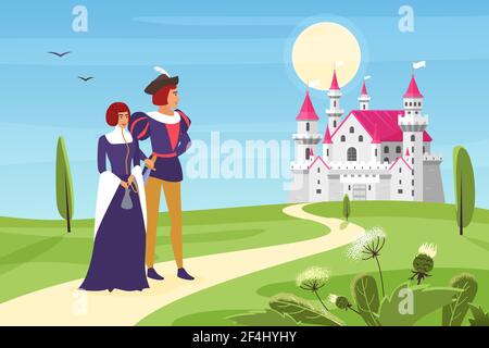 Prince et la princesse heureuse marchent sur la route du château royal à travers champs verts et prairies Illustration de Vecteur