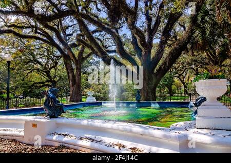 Washington Square dispose d'une fontaine et de nombreux chênes vivants, le 13 mars 2021, à Mobile, Alabama. Banque D'Images