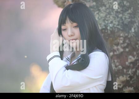 École japonaise fille robe regardant sakura fleur nature allée Banque D'Images