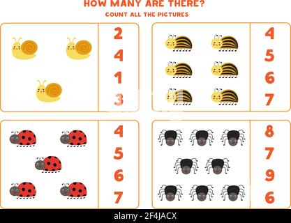 Jeu de comptage avec les insectes mignons. Feuille de calcul mathématique. Illustration de Vecteur